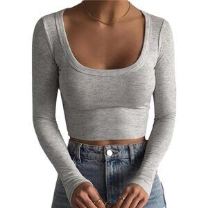 Women's Square Neck Long Sleeve Ribbed Slim Fitted Casual Basic Crop